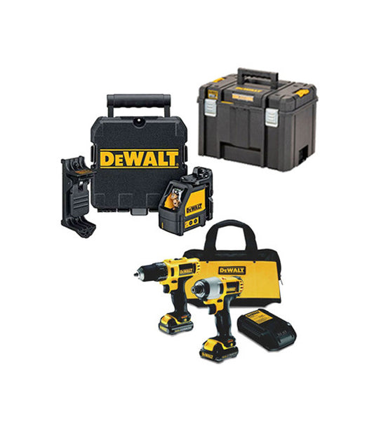 Dewalt Set: Drill Driver + Impact Screwdriver + DW088K Laser + Deep Case + 2 1.3 AH Batteries 