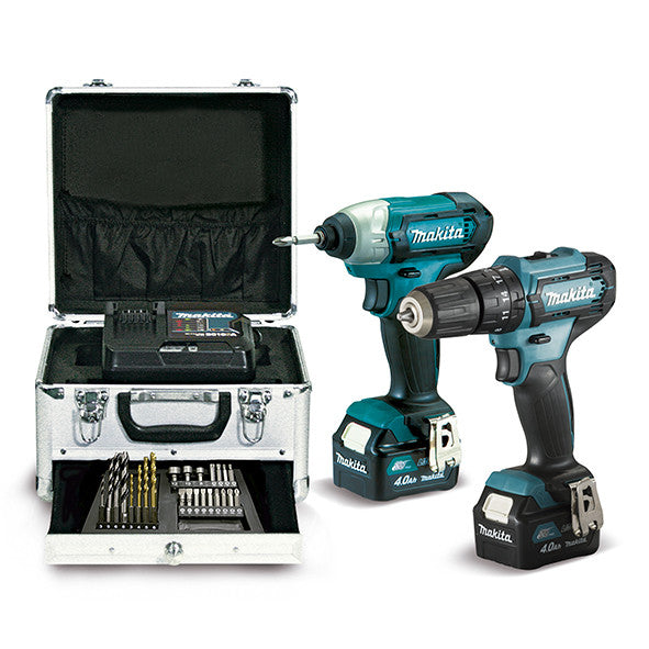 Set Taladro Percutor + Atornillador de Impacto 12V + Maletín metálico + 2 Baterias 4Ah Makita CLX228SMX1