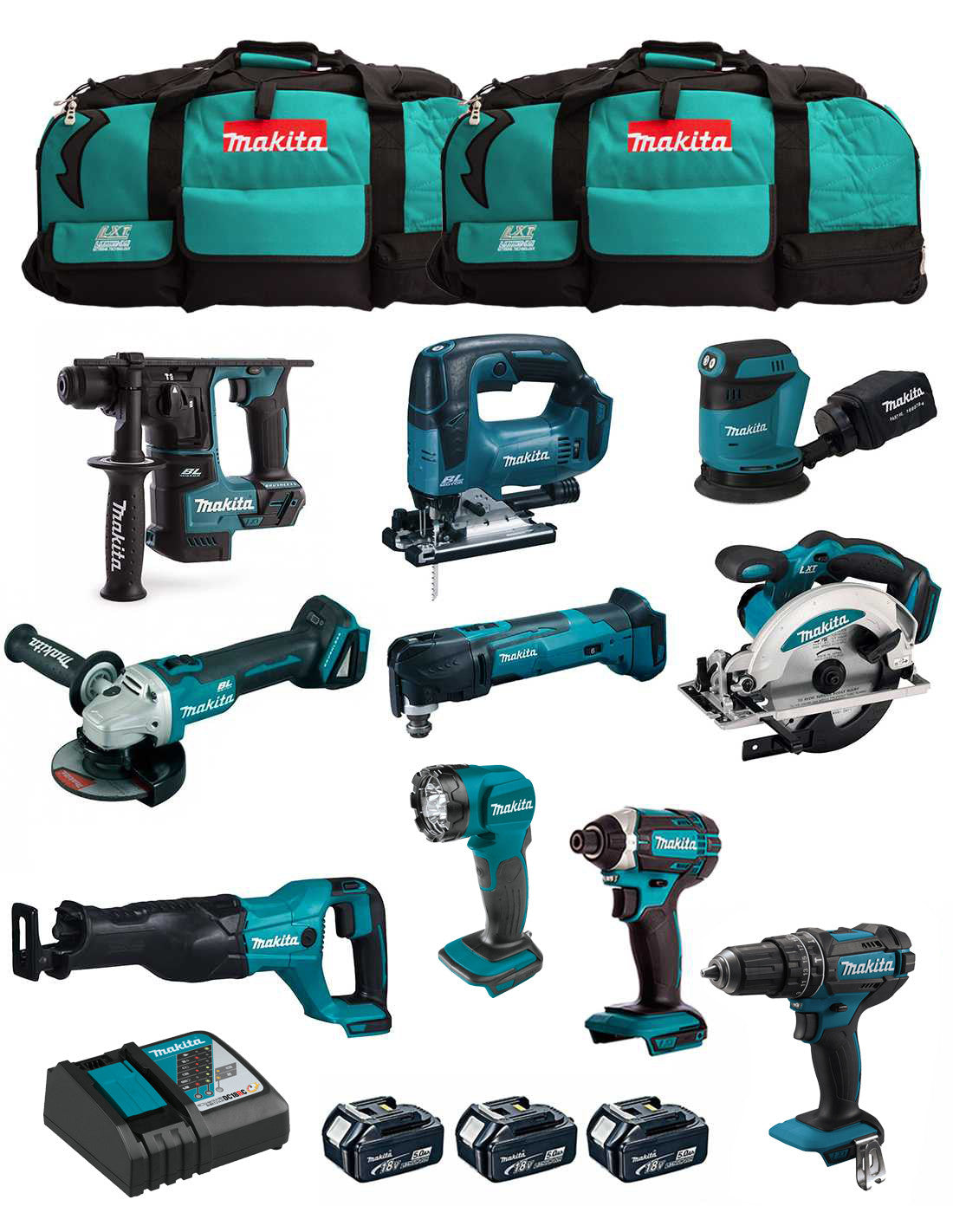 Kit Makita con 10 herramientas + 3 bat + cargador + 2 bolsas DLX1071BL3