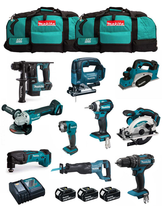 Makita kit with 10 tools + 3 3ah batteries + charger + 2 bags DLX1080BL3