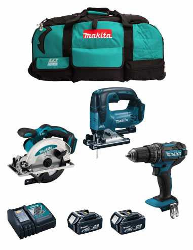 Kit Makita Taladro percutor DHP482+ Sierra circular DSS610+ Sierra de calar DJV182+ 2bat 5Ah+ cargador+ bolsa DLX3610BL2