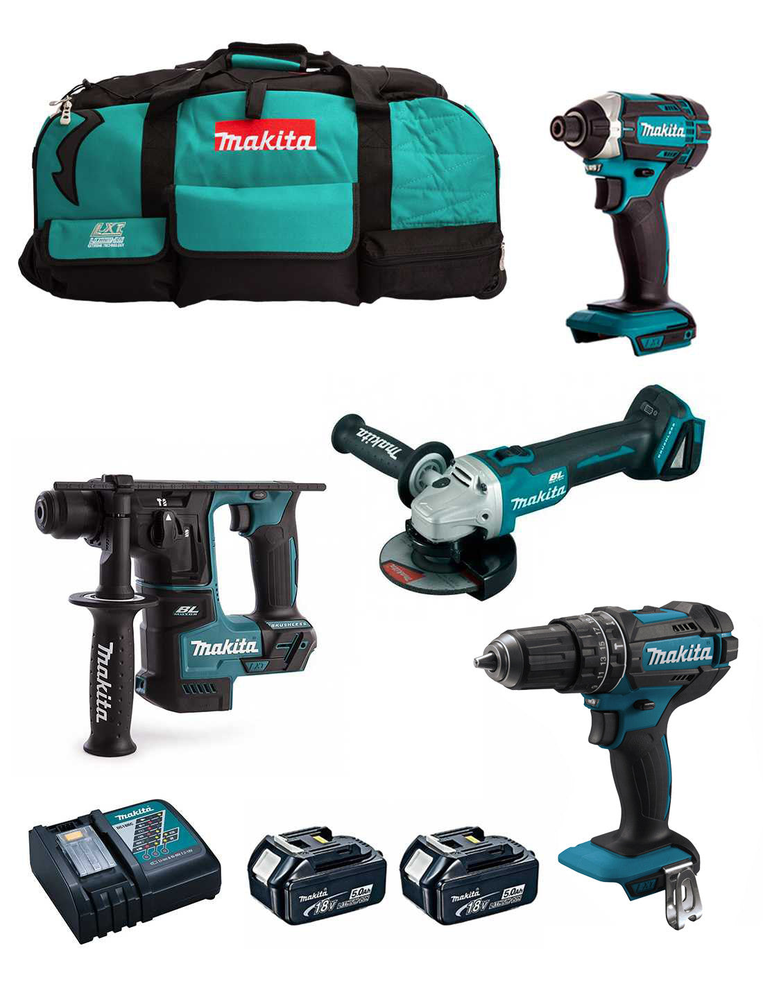 Kit Makita 4 herramientas + 2bat 5Ah + cargador DC18RC + bolsa LXT600 DLX4152BL2