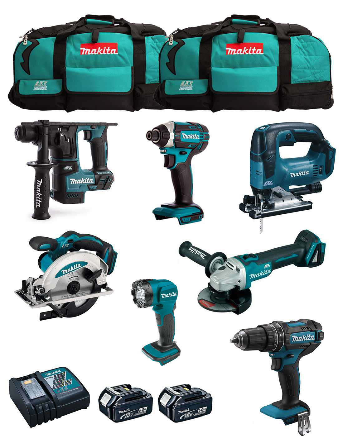 Makita kit 7 tools + 2bat 5Ah + charger + 2 bags LXT600 DLX7815BL2