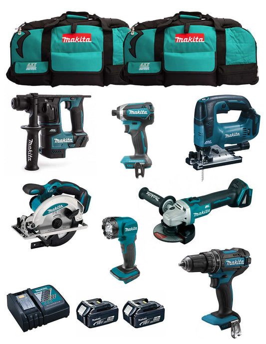 Kit Makita 7 herramientas + 2bat 5Ah + cargador + 2 bolsas LXT600 DLX7815BL2