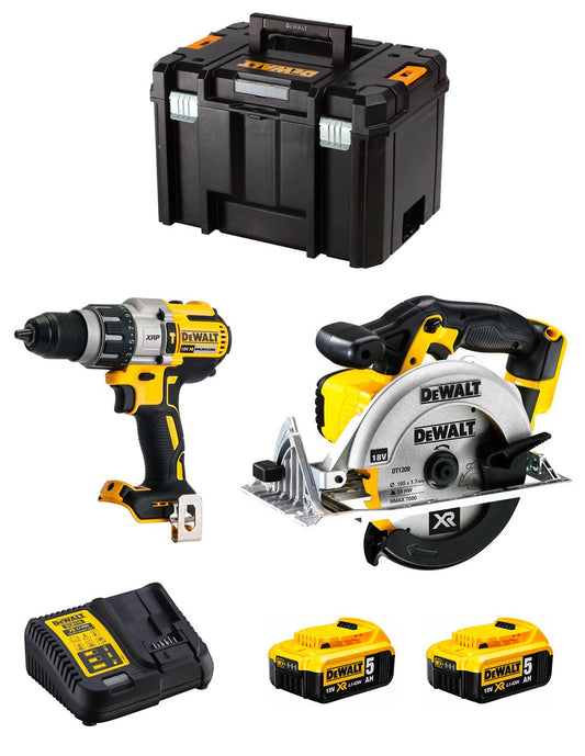 Kit Dewalt Taladro Percutor DCD996 + Sierra Circular DCS391 + 2bat 5Ah + cargador + TSTAK VI DCK291P2