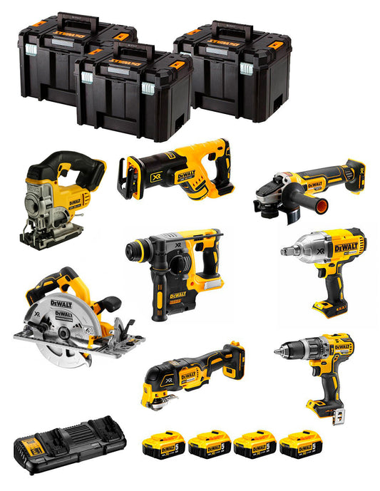 Kit Dewalt 8 herramientas + 4bat 5Ah + Cargador DCB132 + 3xTSTAK DCK867P4