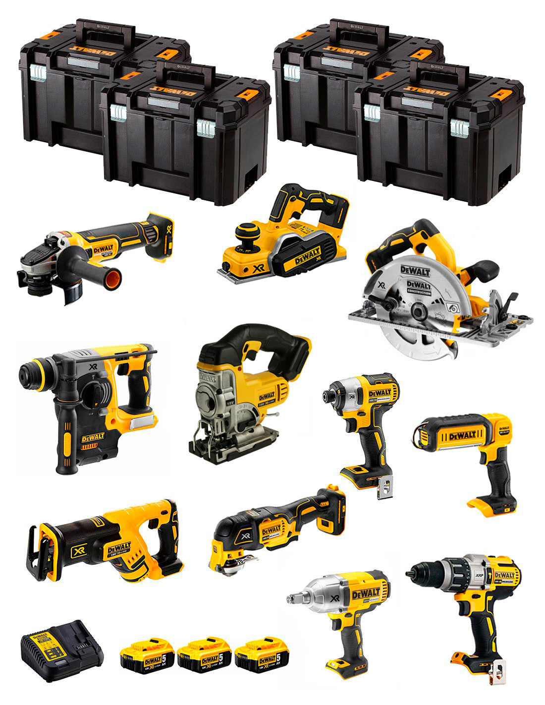 Dewalt Kit 11 tools + 3bat 5Ah + DCB115 Charger + 4xTSTAK DCK116P3