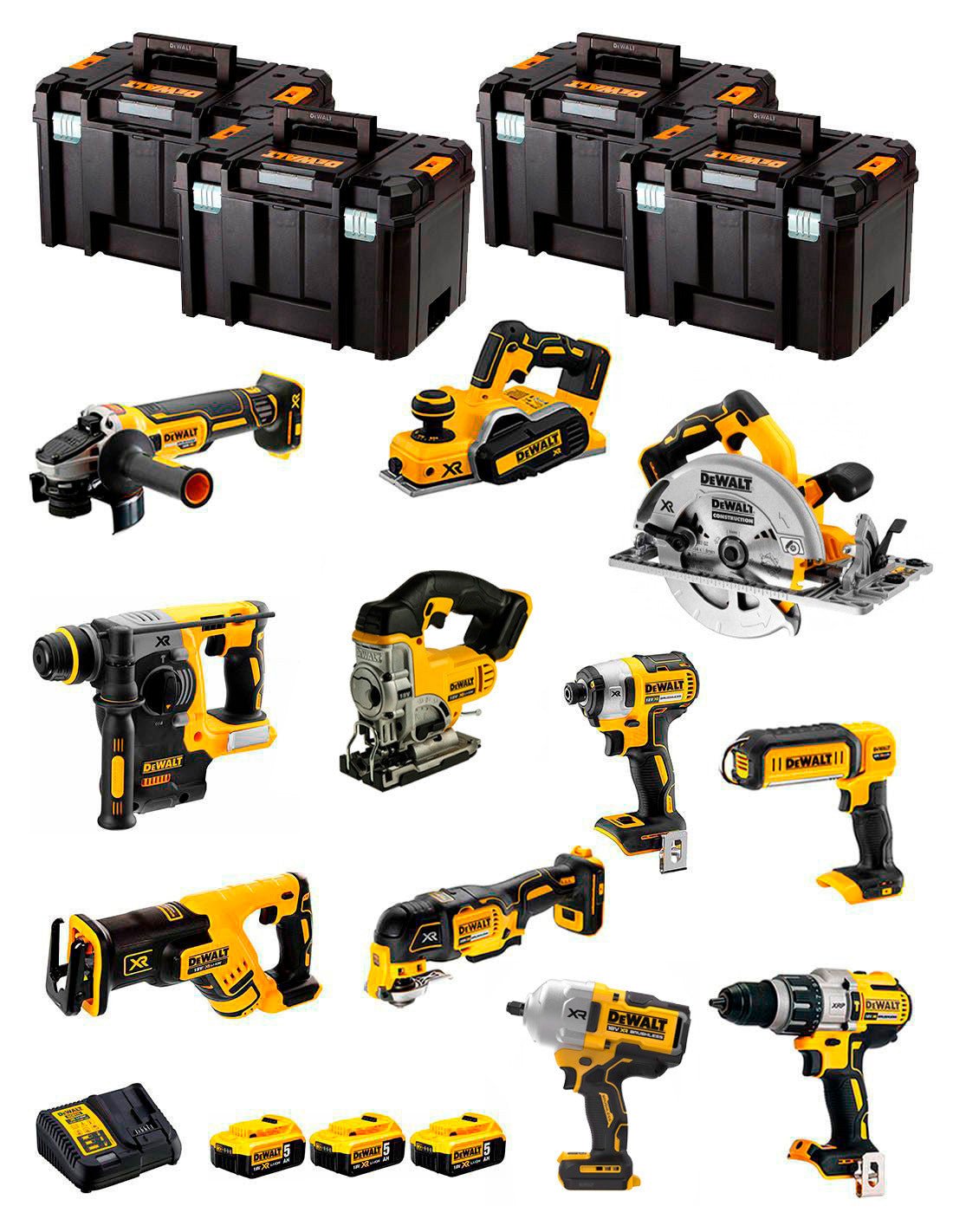 Dewalt Kit 11 tools + 3bat 5Ah + DCB115 Charger + 4xTSTAK DCK110P3