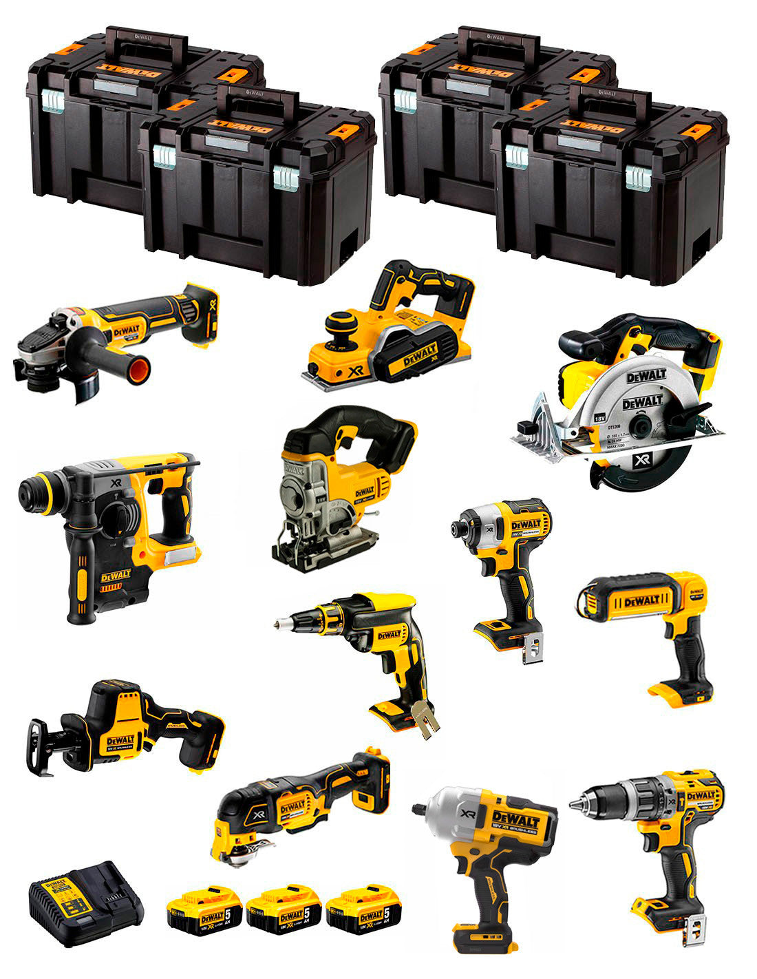 Kit Dewalt 12 herramientas + 3bat 5Ah + Cargador DCB115 + 4xTSTAK DCK121P3