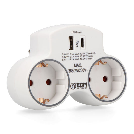 EDM 2-socket 2P+E SCHUKO adapter with 2 USB ports (A + C)