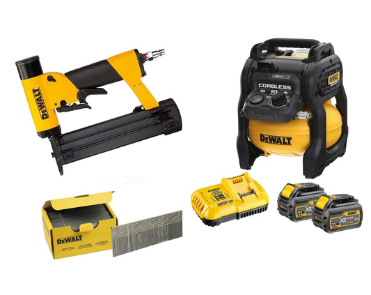 Combo Pin Nailer DPN2330 + DCC1054T2 Compressor + box with 20,000 Dewalt CPROF532 mini pins