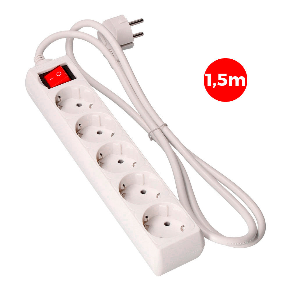 5-outlet power strip, 2P+E, with illuminated switch, 16A 250 V~, 1.5 m H05VV-F 3G cable, EDM