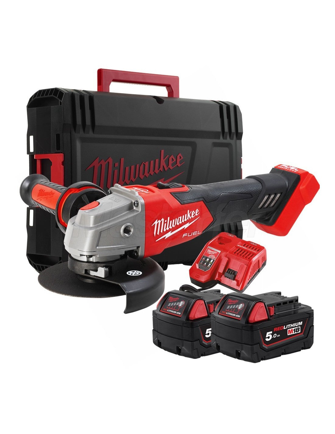M18 125 mm angle grinder with brake and paddle switch + 2 × 5 Ah batteries + charger + Milwaukee case, M18 FSAG125XB-502X