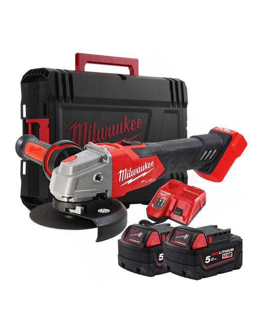 Amoladora angular M18 125mm con freno e interruptor de botón + 2bat 5Ah + Cargador + Maltín Milwaukee M18 FSAG125XB-502X