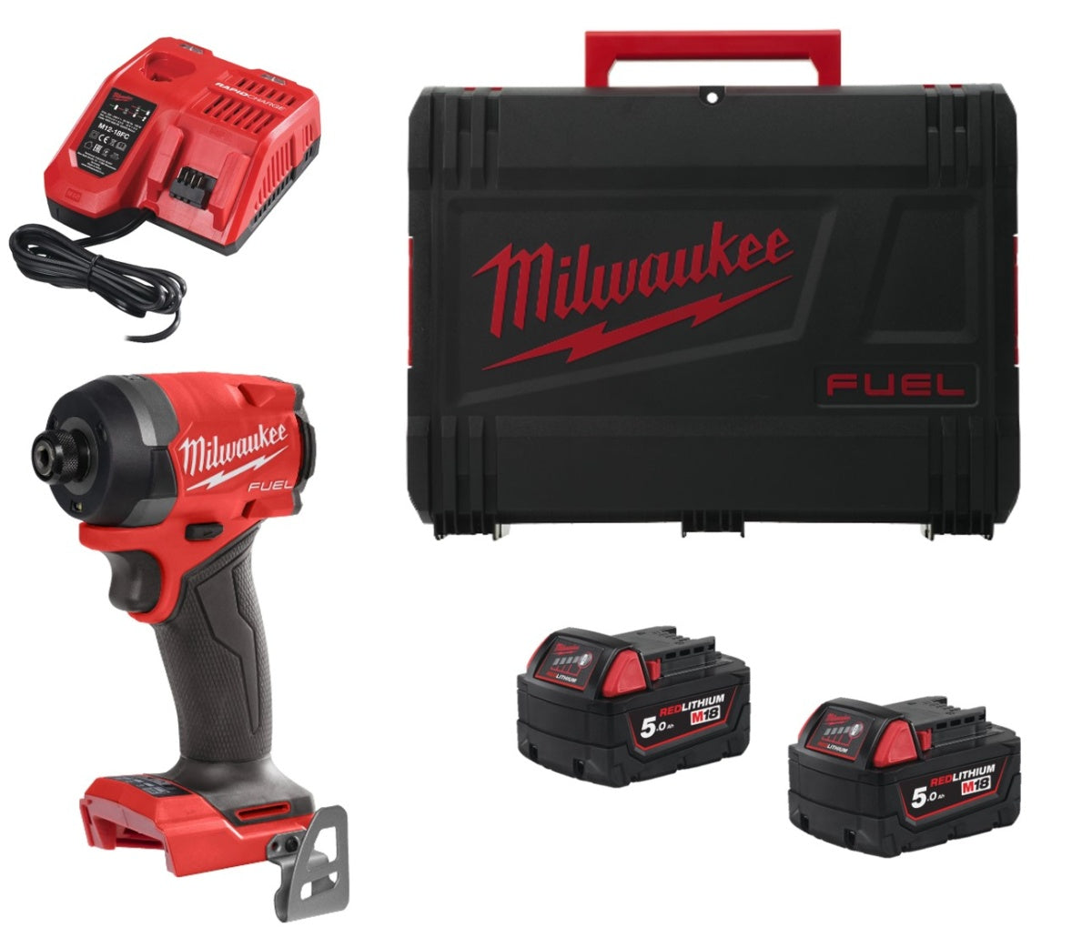 Atornillador de impacto M18 Fuel ¼″ hex + 2 bat 5Ah + cargador + maletín Milwaukee M18 FID3-502X