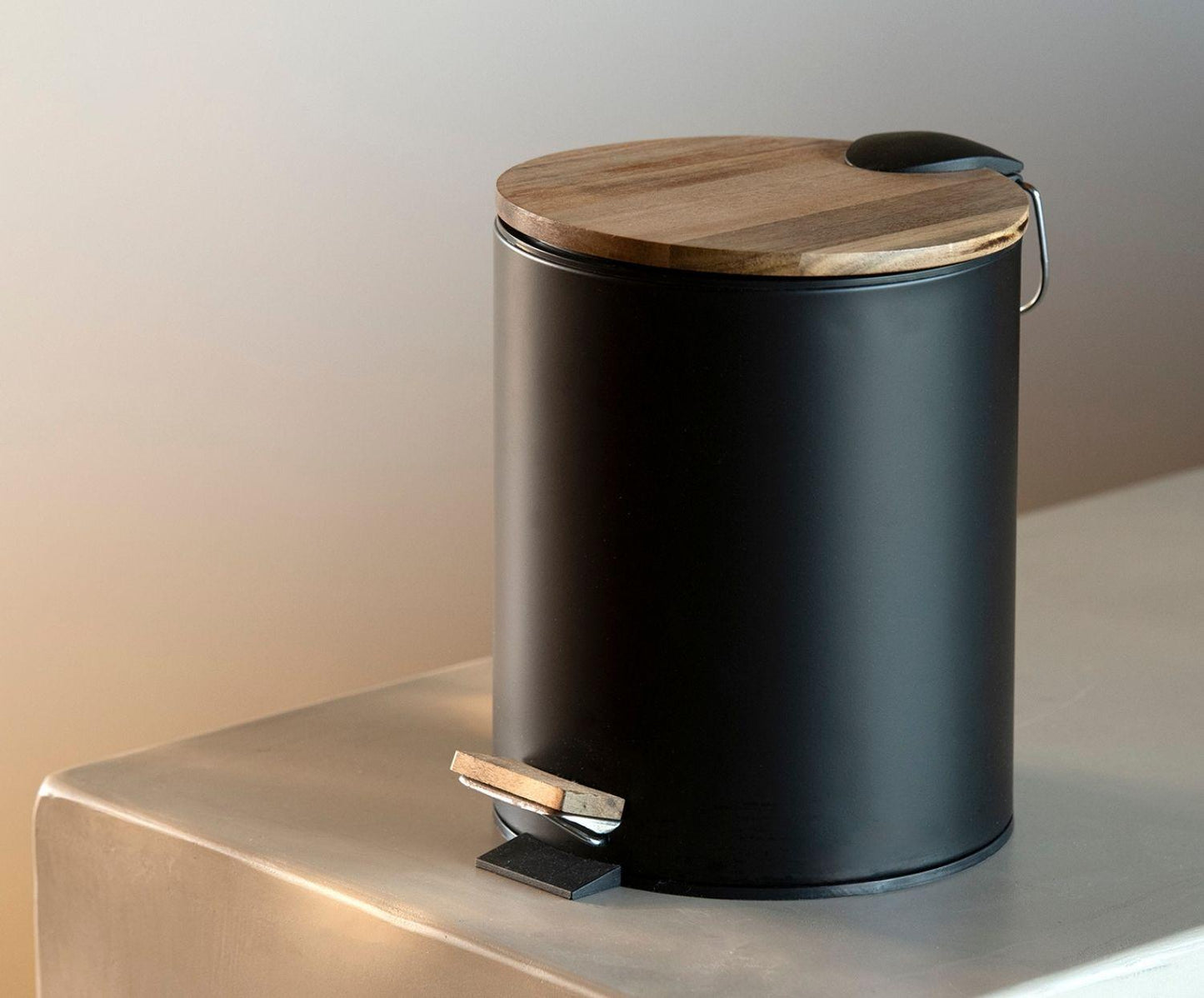 Andrea House 5L Black Metal and Wood Bathroom Bin