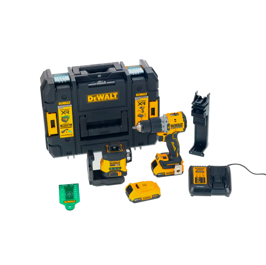 Kit Nivel láser VERDE de 3 líneas 360° XR 18V + Taladro Percutor XR 18V + 2bat 2Ah + Cargador + Maletín Dewalt DCLE34031N