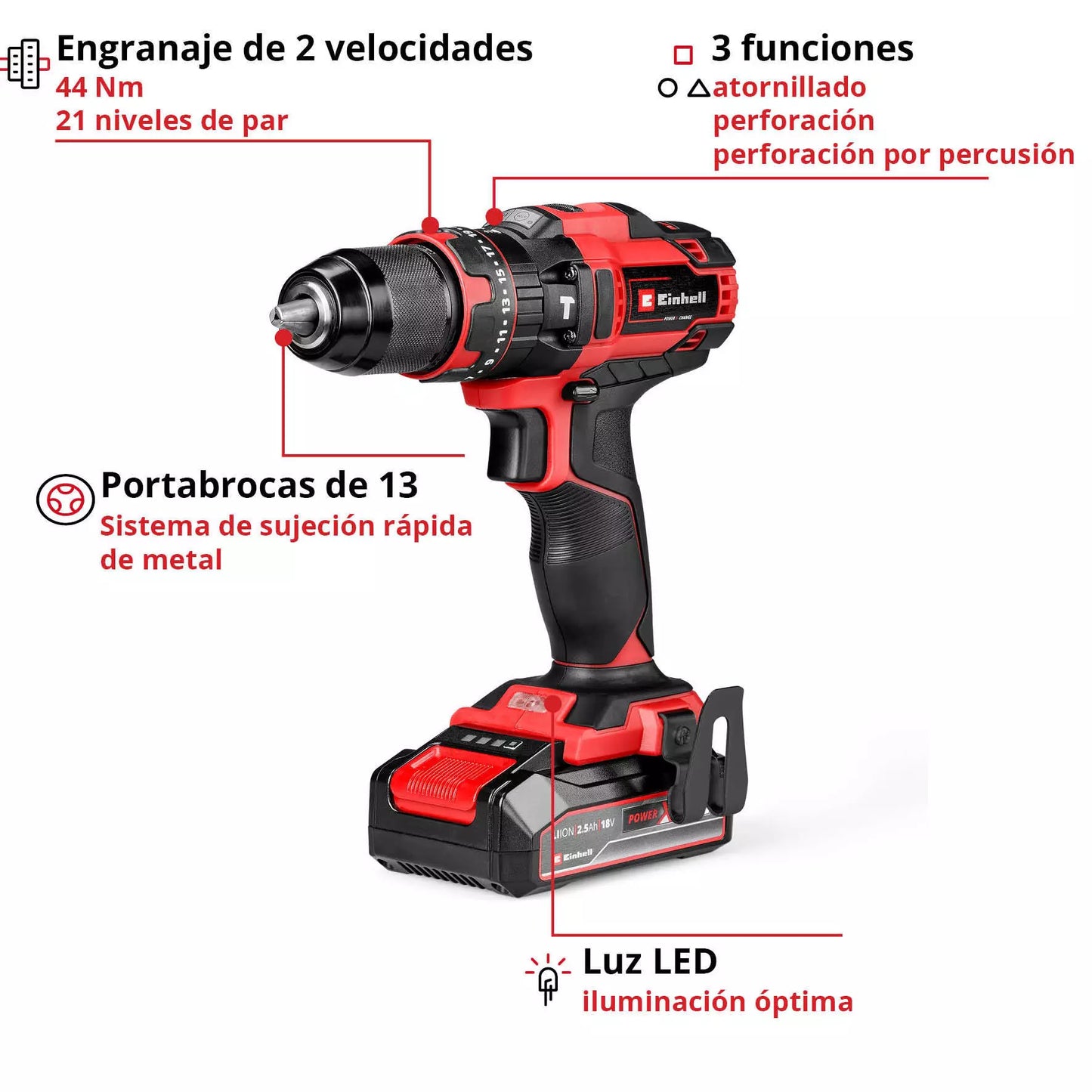 18V cordless hammer drill with 2 2.5Ah batteries and charger TE-CD 18/44 Li-i Einhell