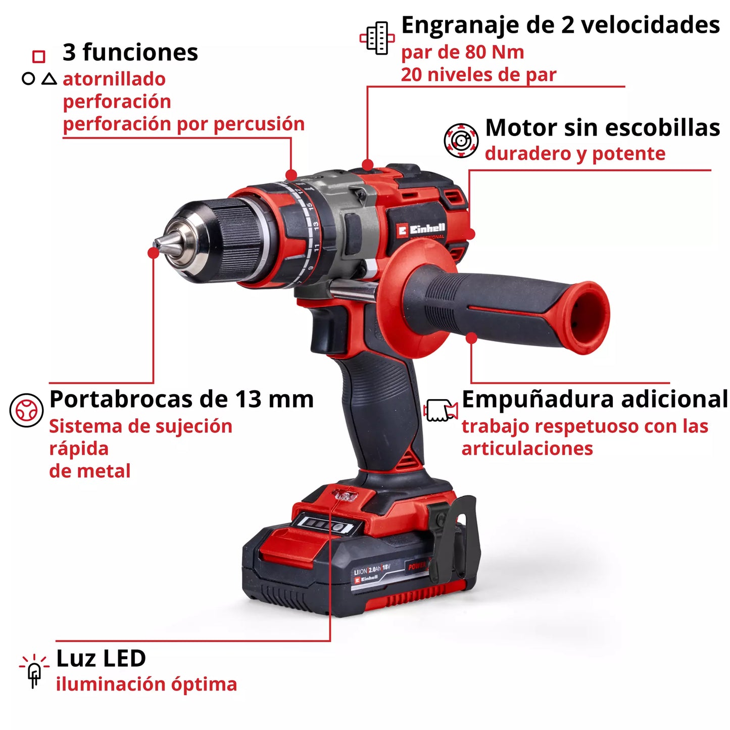 Einhell TP-CD 18/80 Li-i BL 18V hammer drill + 2 2Ah batteries + charger + carrying case