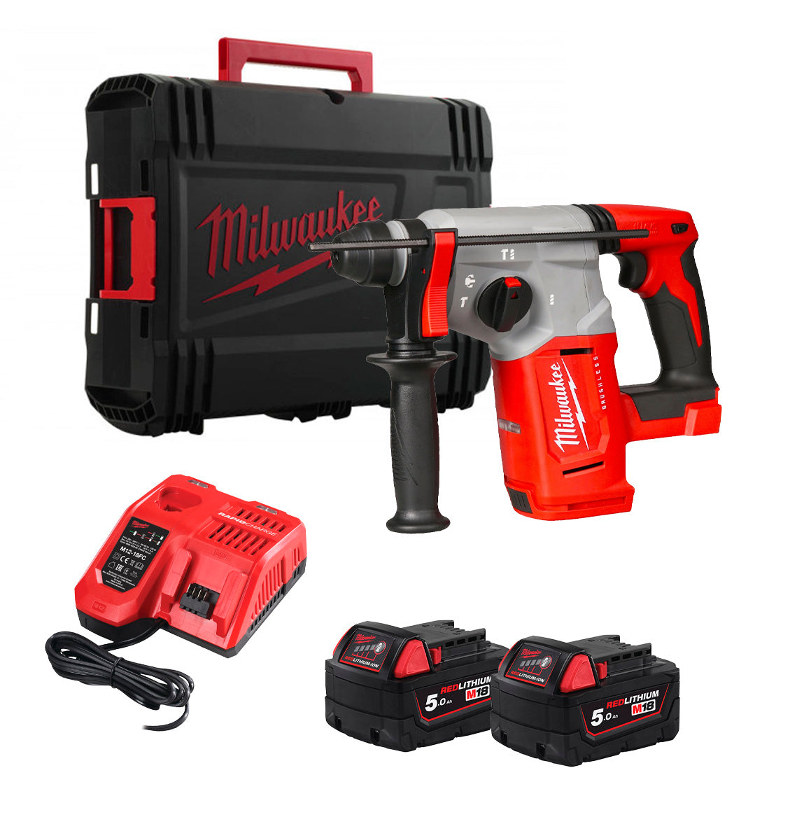 SDS-PLUS 2.3J M18 25mm Combination Hammer + 2bat 5Ah + Charger + Case Milwaukee M18 BLH-502X